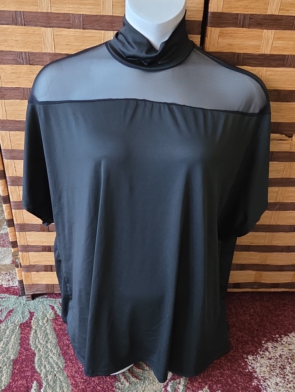 Black Sheer Yoke Turtleneck Poncho Top